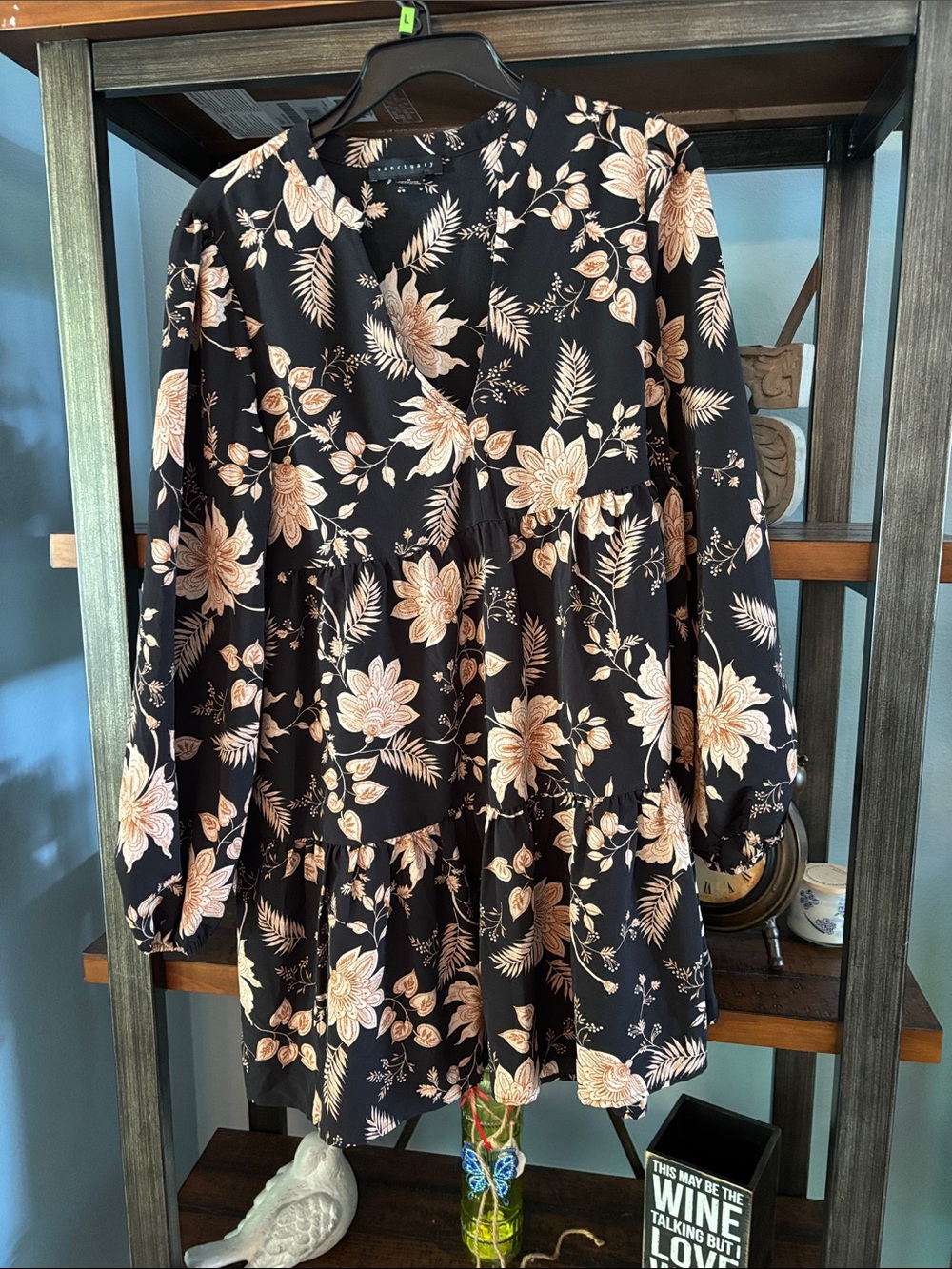 Sanctuary Floral Tiered Long-Sleeve Dress - Black with Beige Floral med - Picture 2 of 4